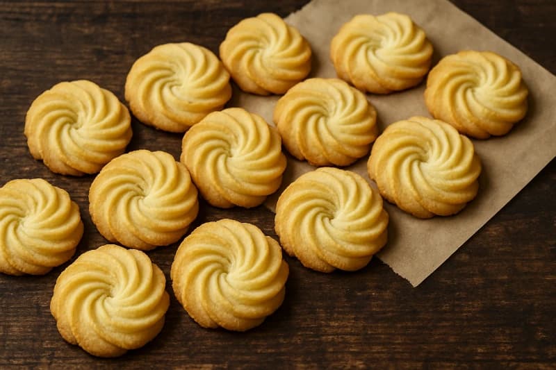 Biscoitos amanteigados simples, macios e dourados, perfeitos para o café da tarde.