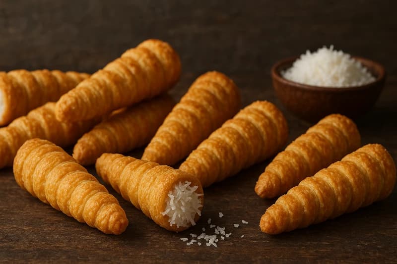 Deliciosos canudinhos crocantes recheados com um cremoso doce de coco. Um clássico das festas feito com carinho em casa.