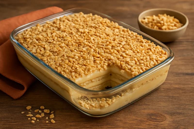 Pavê caseiro com pão-de-ló leve, creme de amendoim e cobertura crocante.