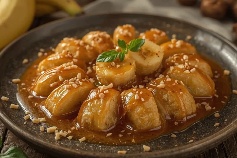Bananas fritas em massa leve e crocante, cobertas com caramelo quebradiço no estilo oriental.