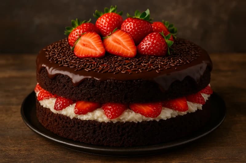 Bolo de chocolate recheado com creme de coco e morangos frescos, coberto com brigadeiro cremoso.