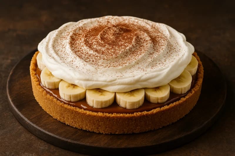Sobremesa gelada clássica com base crocante, doce de leite, bananas maduras e chantilly.