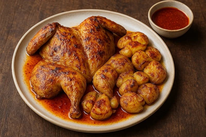 Frango Atropelado com Batatas ao Murro e Molho de Colorau