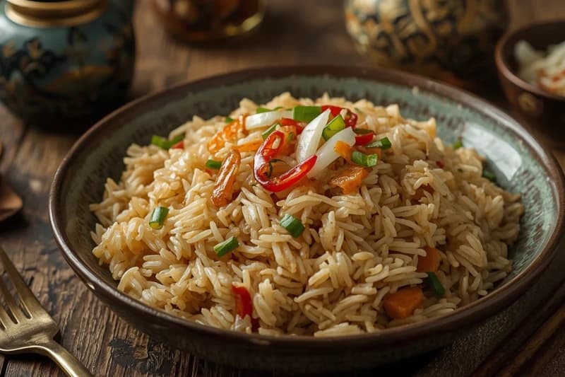 Um arroz frito à moda oriental, feito com ovos, presunto, pimentões e cebolinha. Rápido, saboroso e perfeito para reaproveitar arroz cozido.