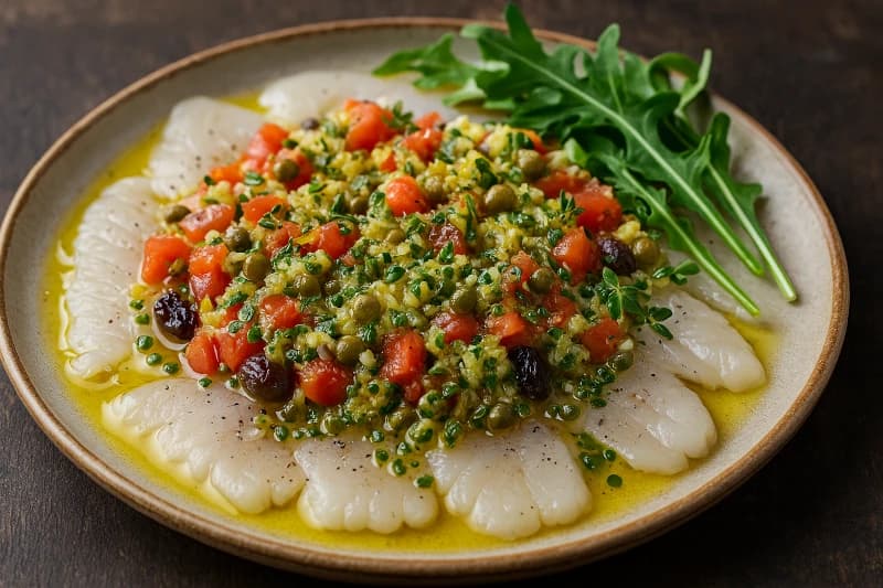 Carpaccio de Linguado com Toque Mediterrâneo