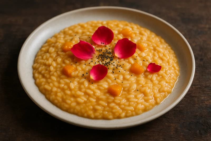 Risoto de Abóbora com Rosas Comestíveis
