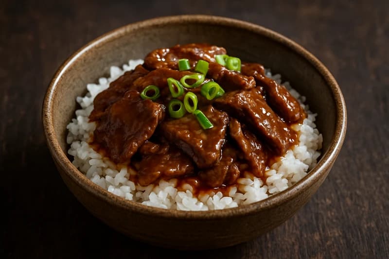 Arroz Japonês com Carne ao Molho de Shoyu e Mirin