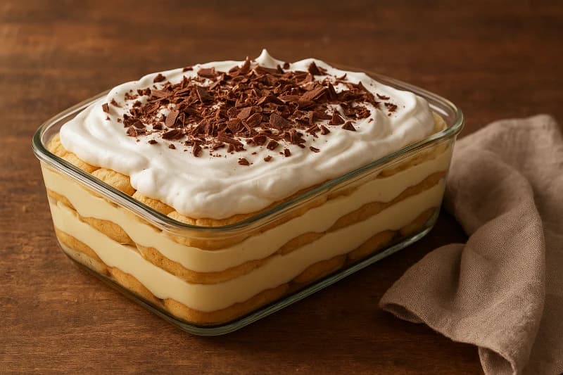 Uma sobremesa clássica e irresistível: camadas de creme suave, biscoitos champanhe e cobertura aerada que derrete na boca.