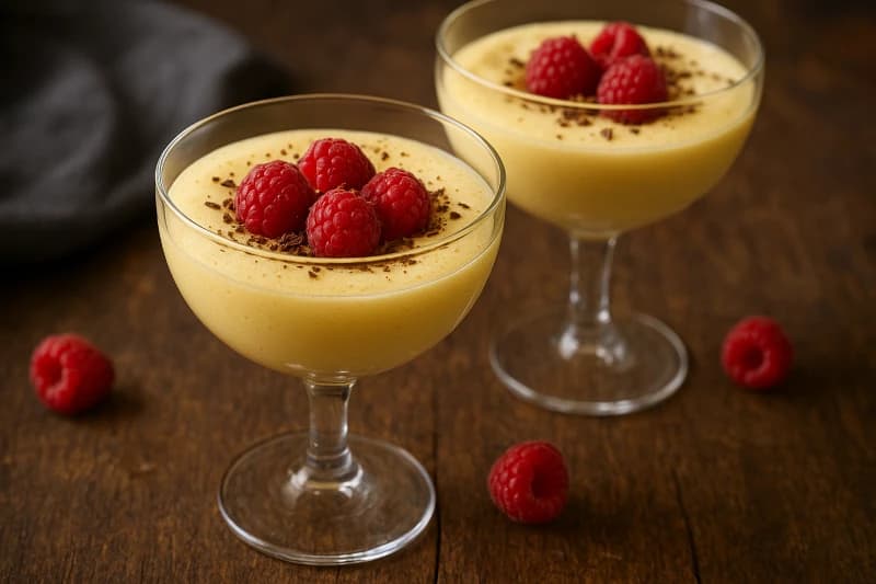 Uma sobremesa italiana leve e cremosa feita com gemas, açúcar e vinho Marsala, batida em banho-maria até ficar aveludada e espumante.