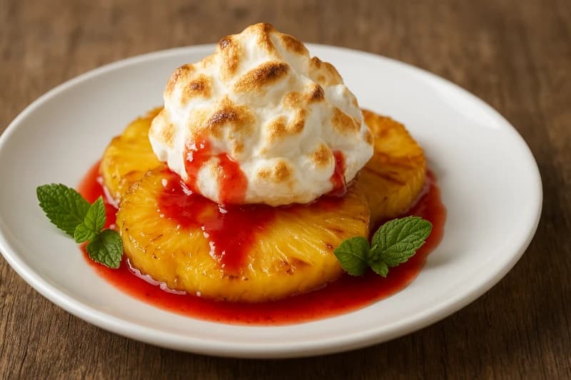 Uma sobremesa rápida e sofisticada: abacaxi assado com suspiro crocante, finalizado com calda de morango e hortelã fresca.