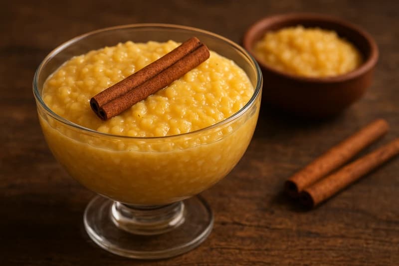 Uma sobremesa clássica da culinária brasileira, feita com leite, ovos e açúcar, cozida lentamente até formar grãos macios e dourados, perfumados com especiarias.