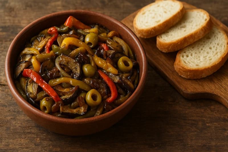 Um antepasto aromático de berinjela com pimentões, cebola e temperos, perfeito para acompanhar pães, torradas ou carnes.