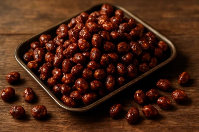 Amendoim crocante caramelizado com chocolate, perfeito para servir como petisco ou doce de festa.