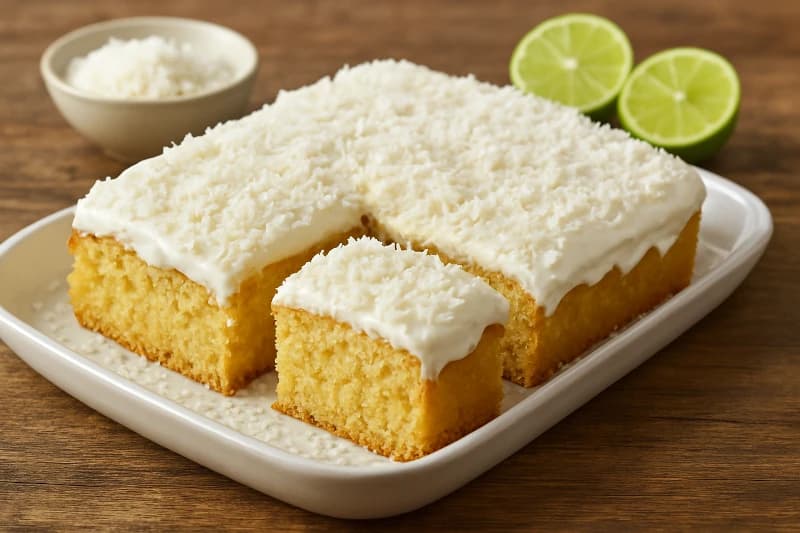 Um bolo gelado cremoso e refrescante, com cobertura de mousse de limão e toque de coco.