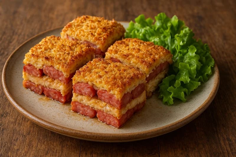 Quadradinhos de Frango com Linguiça ao Crocante de Parmesão