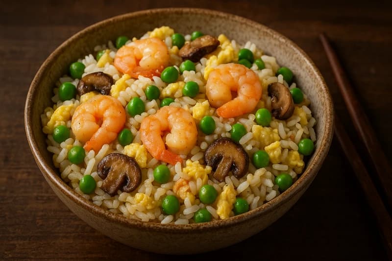 Yakimeshi de Camarão com Legumes (Arroz Japonês Colorido)