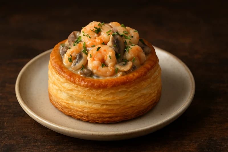 Vol-au-vent recheado com creme de camarão e cogumelos