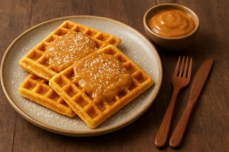 Waffles fofinhos servidos com uma cobertura cremosa de doce de leite, coco e gengibre. Uma sobremesa irresistível e fácil de preparar em casa.