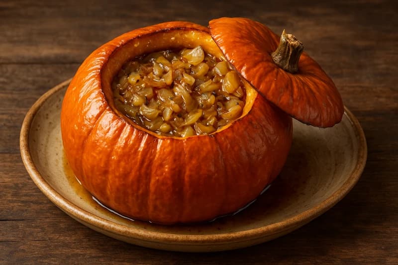 Abóbora Recheada Assada com Cebolas e Alho