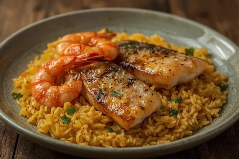 Arroz de Açafrão com Caldo de Peixe e Camarão, acompanhado de Farofa de Pinhão