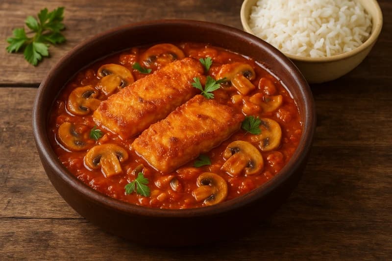 Peixe Ensopado com Molho de Tomate e Cogumelos