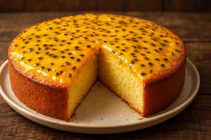 Bolo macio e aromático de maracujá, com cobertura doce e levemente azedinha, perfeito para sobremesas ou lanches especiais.