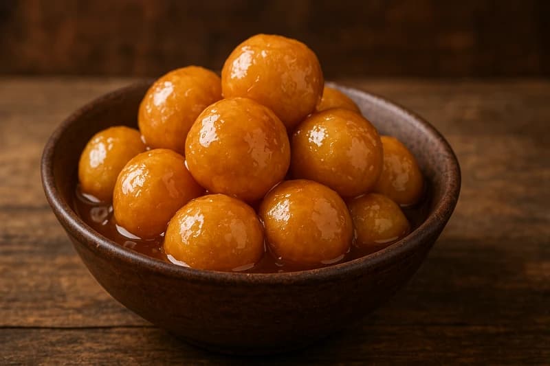 Rosquinhas fofinhas fritas, mergulhadas em uma calda dourada de açúcar em ponto de fio, perfeitas para acompanhar o café da tarde.
