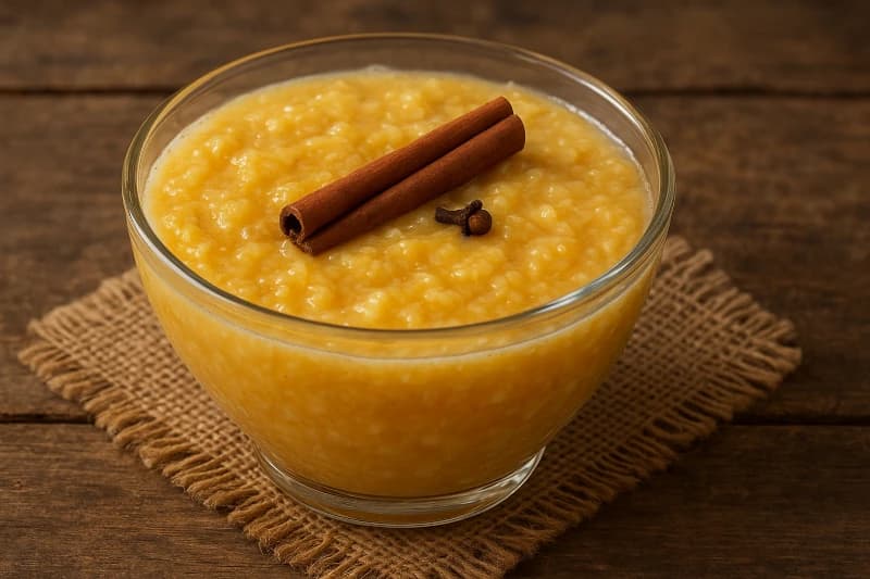 Uma sobremesa brasileira tradicional feita com mamão verde, leite e especiarias, resultando em um doce cremoso e perfumado.