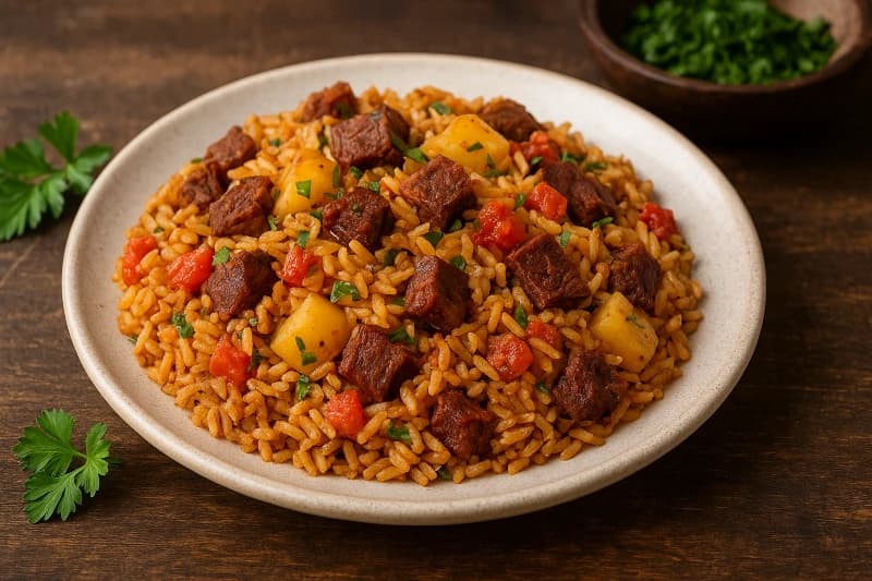 Arroz com Carne Seca e Tomate Caseiro