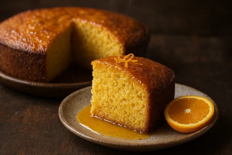 Bolo de laranja feito com a fruta inteira (casca), macio e úmido — fácil de preparar e com calda cítrica que realça o sabor.