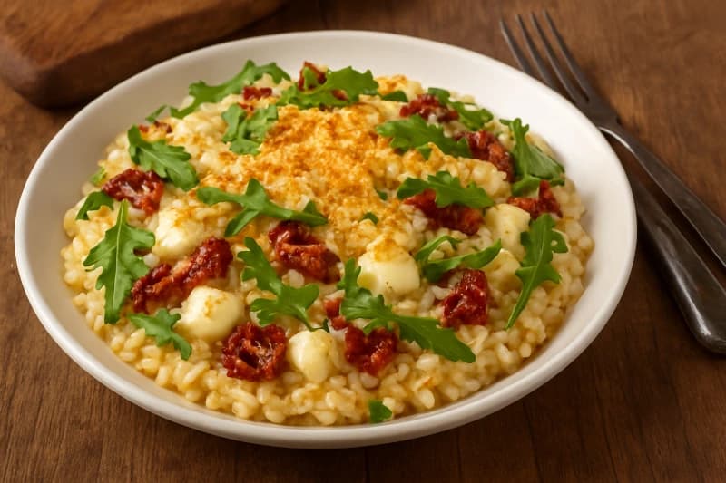Risoto de Tomate Seco com Mussarela de Búfala e Rúcula