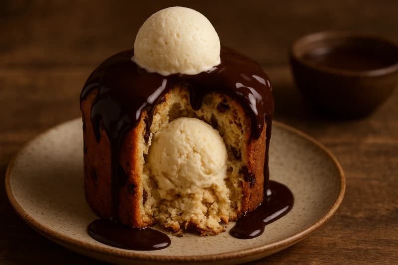 Chocotone Recheado com Sorvete e Calda de Chocolate