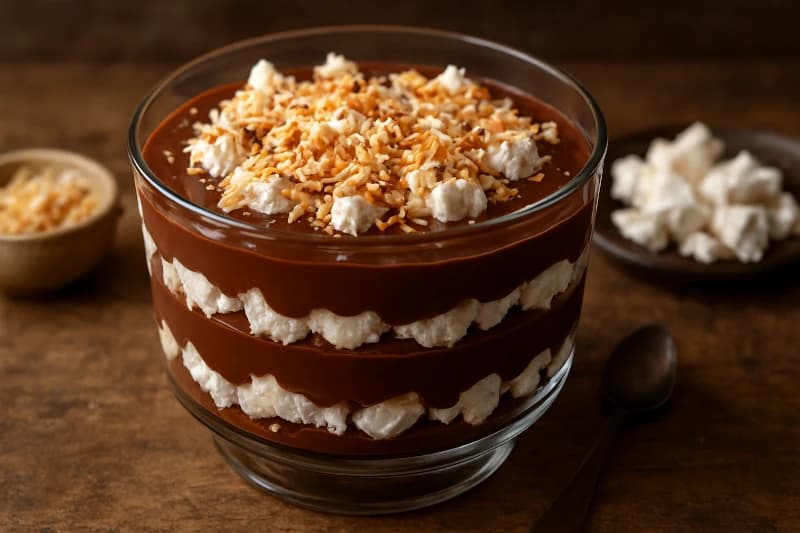 Uma sobremesa cremosa e intensa de chocolate meio amargo, combinada com camadas de suspiros crocantes e coco, servida em taça e perfeita para ocasiões especiais.