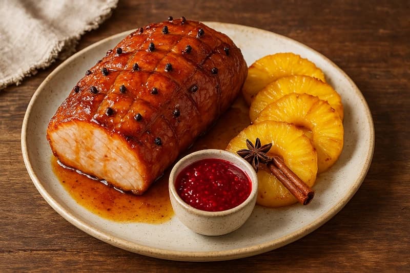 Tender Glaceado com Abacaxi e Geleia de Framboesa