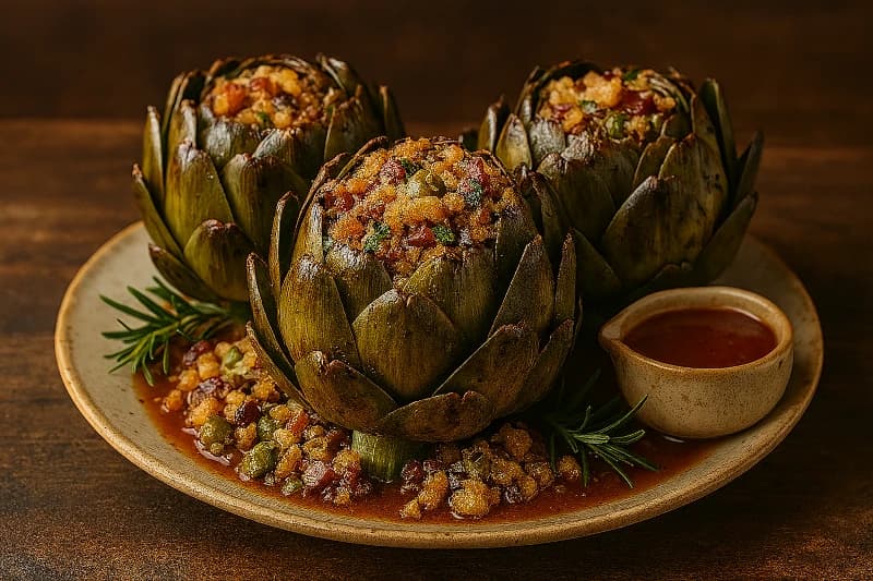 Alcachofras Recheadas com Farofa de Bacon, Aliche e Azeitonas