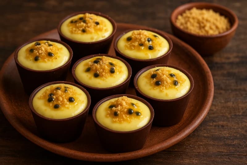 Pequenos vasinhos de massa crocante com chocolate, recheados com creme de maracujá e finalizados com farofa aromática.