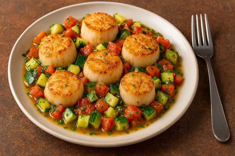 Vieiras Salteadas com Legumes ao Pernod