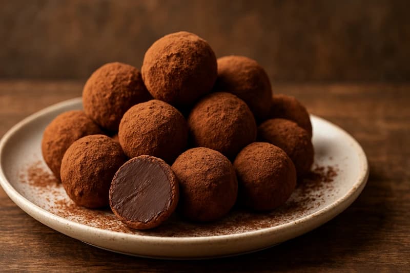 Trufas elegantes de chocolate meio amargo com toque de café e conhaque, macias por dentro e finalizadas com cacau em pó.