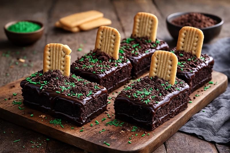 Mini bolos de chocolate com cobertura cremosa de brigadeiro e decoração temática em formato de túmulo, perfeitos para festas criativas e Halloween.