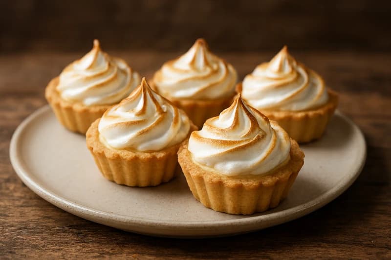 Tortinhas crocantes de massa amanteigada, recheadas com creme de limão e finalizadas com merengue dourado.