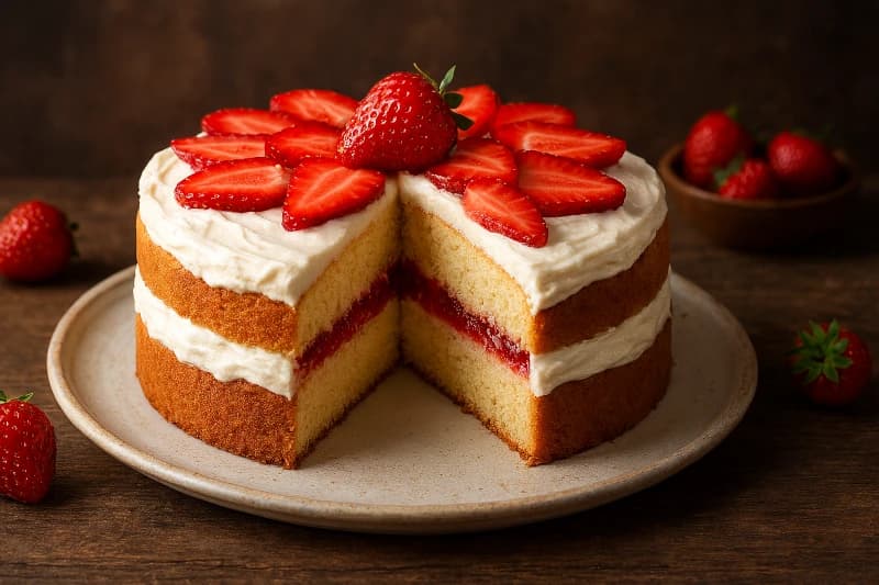 Um bolo leve e macio, recheado com geleia caseira de morangos e coberto com um creme aerado, perfeito para celebrações.