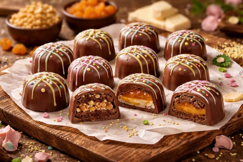 Bombons de Páscoa artesanais com casca de chocolate ao leite e dois recheios clássicos: brigadeiro com crocante de amendoim e damasco com doce de leite, finalizados com decoração colorida.