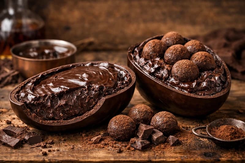 Ovo de Páscoa artesanal recheado com trufa cremosa de chocolate ao leite, aromatizada com amêndoas e conhaque, finalizado com casca de chocolate meio amargo brilhante.