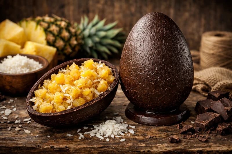 Ovo de Páscoa artesanal feito com chocolate meio amargo e recheado com uma cocada cremosa de abacaxi, equilibrando doçura e frescor.
