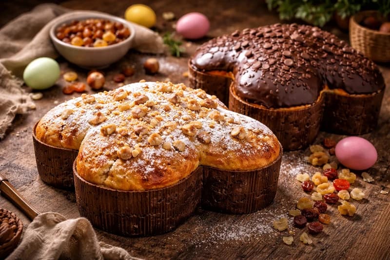 Colomba pascal macia, rica em gemas e frutas, com fermentação em duas etapas e opção de cobertura clássica de frutas ou chocolate.