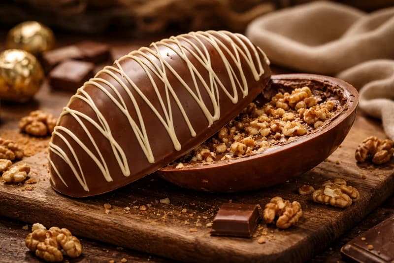 Ovo de Páscoa artesanal de chocolate ao leite com decoração em chocolate branco e crocância de nozes.