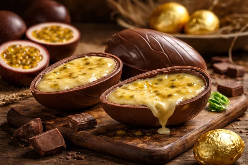 Ovo de Páscoa de chocolate ao leite recheado com trufa branca cremosa de maracujá, equilibrando o doce do chocolate com o toque cítrico da fruta.