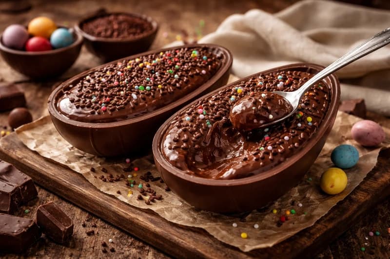 Ovo de Páscoa de colher com casca de chocolate ao leite e recheio cremoso de brigadeiro, perfeito para servir na colher ou presentear.